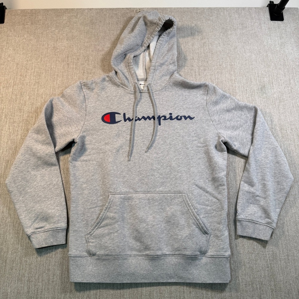 Champion Mens Powerblend Fleece Hoodie Gray Script Logo Sweatshirt S RN15763